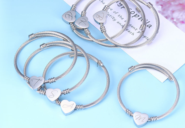 Stainless Steel Heart Initial Bangle Bracelet