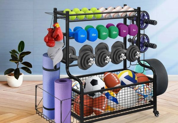 Sports Equipment Storage Rack with Hooks & Wheels