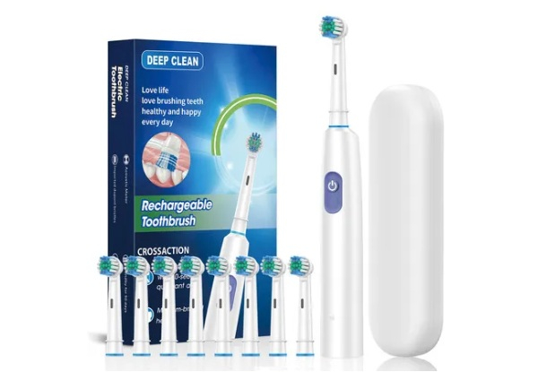 Rechargeable Rotary Electric Toothbrush with Eight Replacement Heads - Two Colours Available