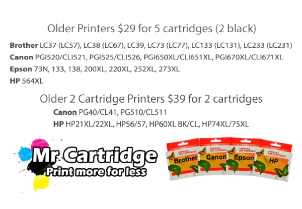 Five Ink Cartridges Compatible with Epson, Brother or Canon Printers incl. Delivery - Options for a Set of Cartridges for Current and New Printers