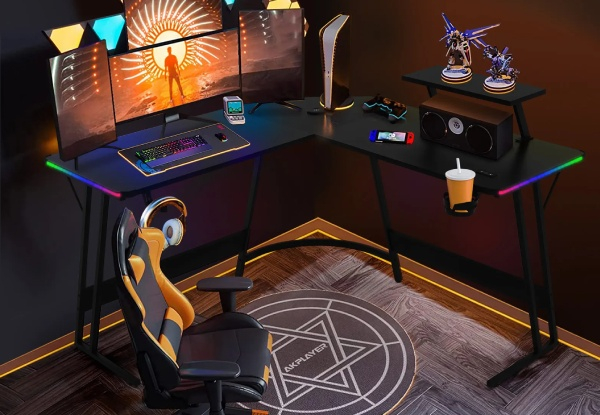 130cm L-Shaped LED Gaming Desk Computer Office Workstation with Wireless Charger