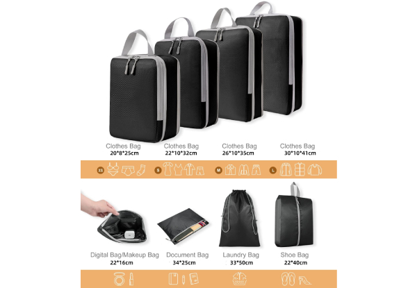Eight-Piece Travel Compression Packing Cubes - Available in Six Colours