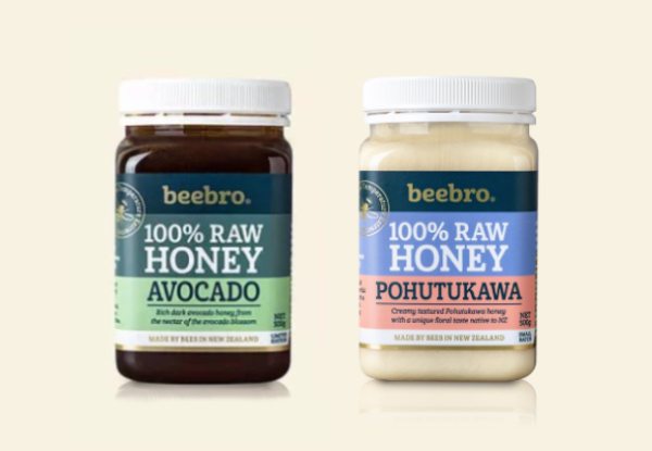 Two 500g Jars of Beebro Honey - Options for Avocado or Raw Pohutukawa Honey