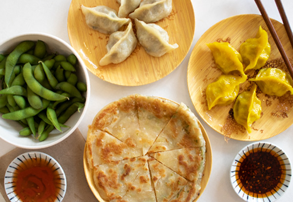 Pan-Fried Dumplings & Two Sharing Sides for Two People