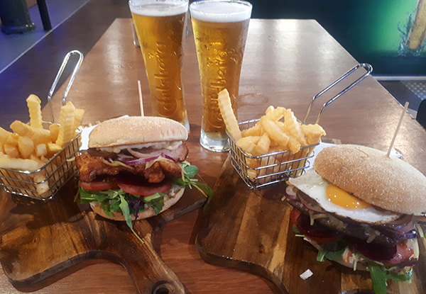 Two Delicious Gourmet Burgers incl. Two Glasses of Carlsberg with A Side of Fries for Two People - Valid for Dine-In Lunch or Dinner