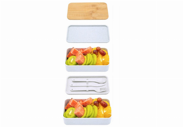 Double Layer Lunch Box with Wood Lid & Cutlery - Available in Four Colours