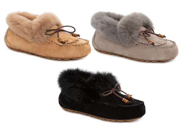 Ozwear Ugg Fluff Tassel Moccasins Inner Wedge - Three Colours & Six Sizes Available