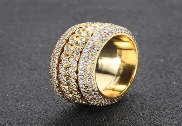 Cubic Zirconia Paved Rotatable Cuban Ring - Two Colours & Six Sizes Available