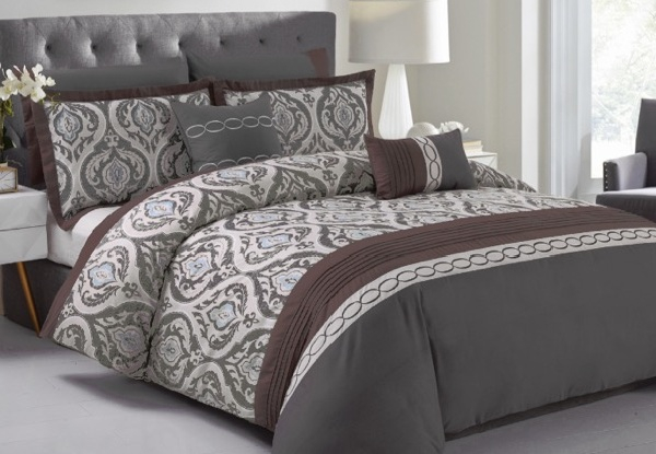 Seven-Piece Grey & Brown Embroidery & Print Comforter Set - Two Sizes Available