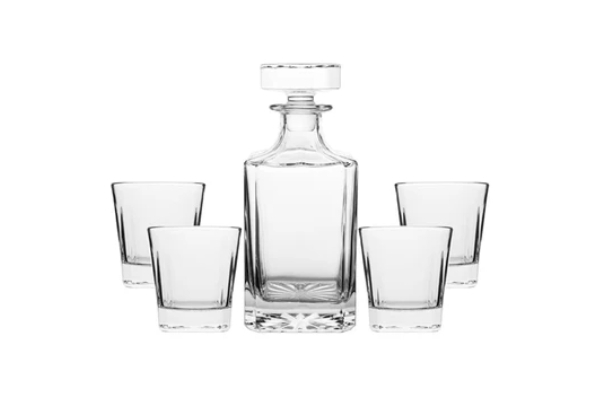 Novare Whiskey Decanter Bottle with Four Whiskey Glasses Set - Two Options Available