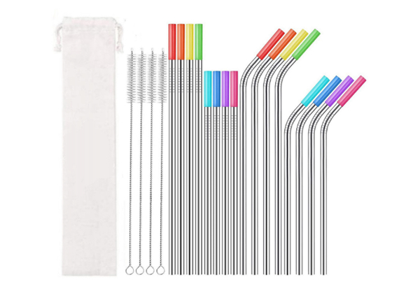 20-Pack Reusable Stainless Steel Metal Straw Set with Silicone Covers - Option for Two Sets