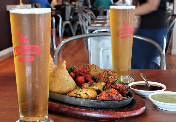 Indian Sharing Platter & Two Pints of Tap Beer or Glasses of Wine for Two People