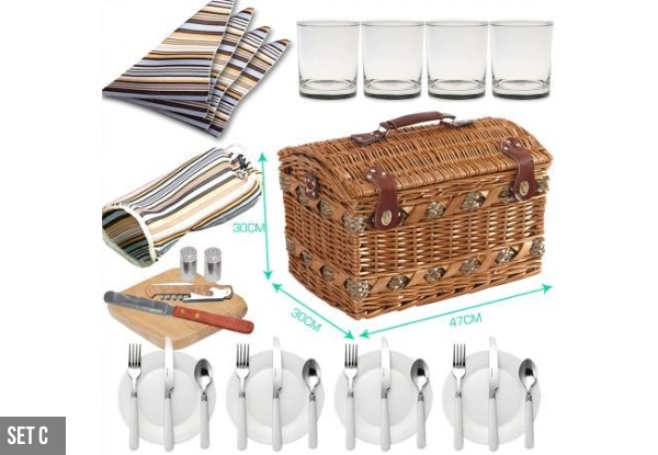 Four-Person Picnic Basket Set Range with Matching Outdoor Blanket  -  Three Options Available