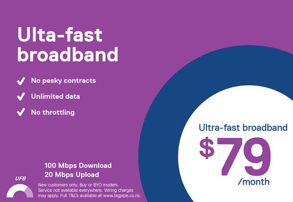 Two Months Free, No Connection Fee, Half-Price Modem & Access to the Brand New Bigpipe App When You Sign Up to Bigpipe Broadband (value up to $506) – No Contracts, Unlimited Data