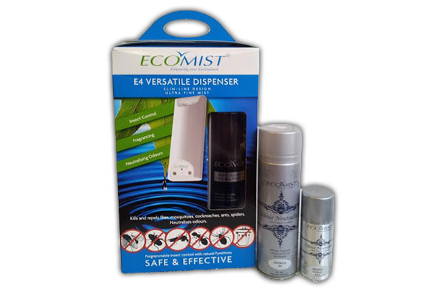 25% Off for an Ecomist Home Enhancer Package incl. Ecomist E4 Automatic Intelligent Dispenser, One Refill Can of Ecomist Natural Pyrethrin Insect Killer, One Refill Can of Odour Neutraliser Fragrance & a Mini Odour Neutraliser