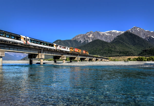 TranzAlpine 'Heart of the West Coast' Experience for Two People Staying at Lake Brunner or Central Greymouth incl. Return Rail Passes from Christchurch, & One Nights Accommodation at Either Kingsgate Hotel or Hotel Lake Brunner - Option for Two Nights