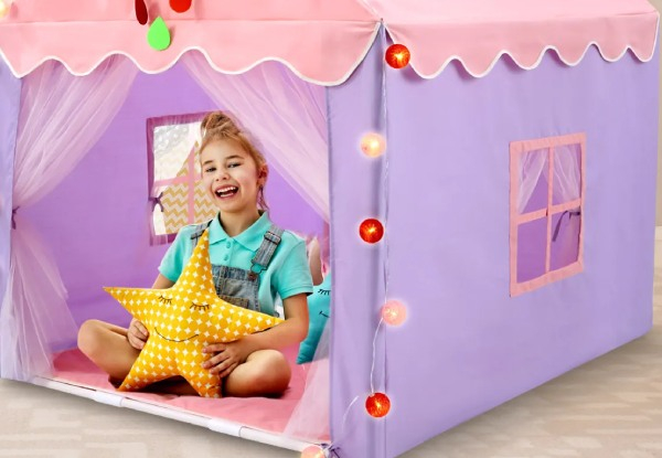 Kid's Castle Play Tent with Mat String Lights - Two Colours Available