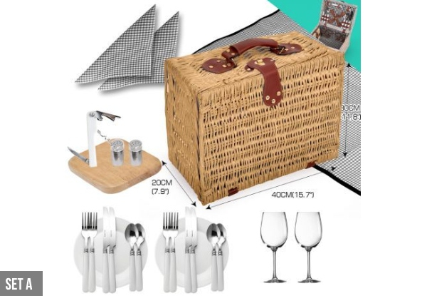 Four-Person Picnic Basket Set with Matching Outdoor Blanket  -  Three Options Available