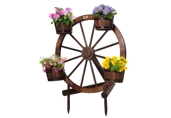 Garden Wooden Wagon Wheel Plant Stand