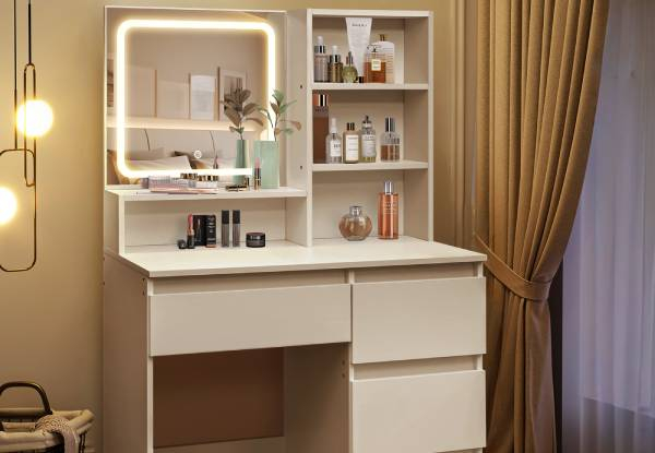 LED Mirror Vanity Table with Four Drawers, Three Compartments & Three Lighting Modes