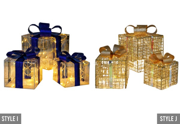 Three-Piece Christmas LED Light Gift Boxes Decorations - 11 Styles Available