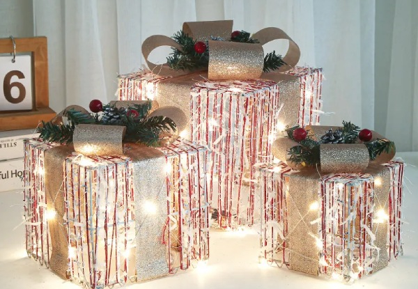 Three-Piece Christmas LED Light Gift Boxes Decorations - 11 Styles Available