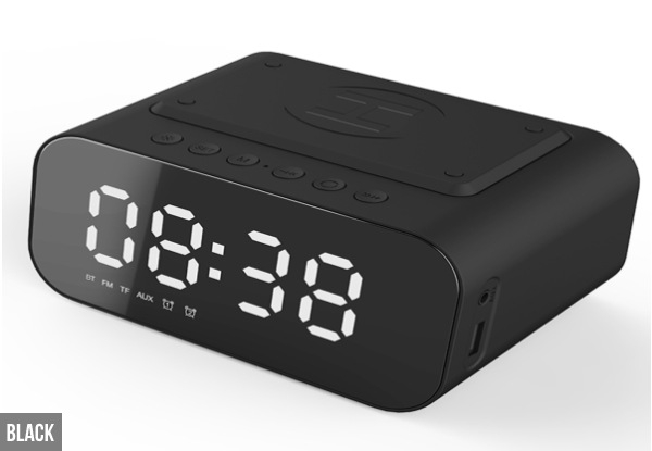 LED Alarm Clock with Bluetooth Speaker & Wireless Charging - Two Colours Available