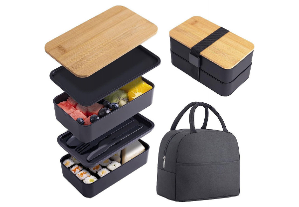 Two-Layer Leak-Proof Bento Box with Cutlery & Insulated Bag - Available in Two Colours & Option for Two