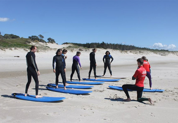 Two-Hour Group Surfing New Zealand Lesson incl. Board & Wetsuit Hire for One Person - Options for Two People or a Private Lesson - Valid for Saturday & Sunday Only