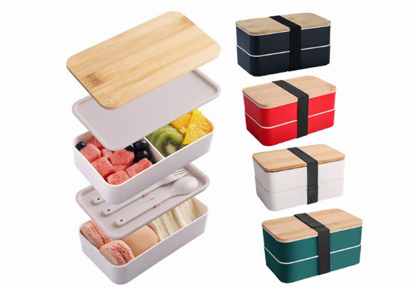 Double Layer Lunch Box with Wood Lid & Cutlery - Available in Four Colours