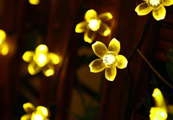 Solar Powered 50-LED Peach Flower Fairy String Lights - Five Colours Available