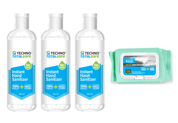 Techno TotalSafe Instant Hand Sanitiser & Wipes Set incl. Three 500ml Sanitisers & 120-Piece Wipes Pack - Options for Three or Five Sets