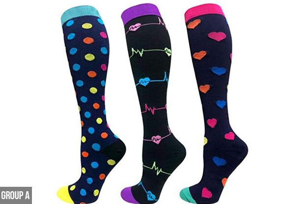 Three-Pack Knee-Length Printed Compression Socks - Two Styles Available