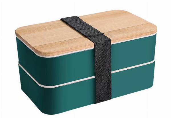 Double Layer Lunch Box with Wood Lid & Cutlery - Available in Four Colours