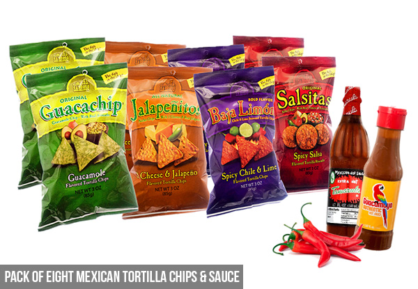 Pre-Pack of Eight Mexican Tortilla Chips - Option to incl. Hot Sauces
