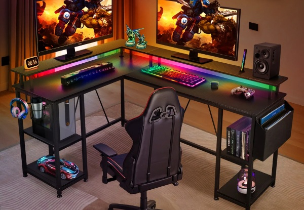 L-Shaped Gaming Desk Table with LED Lights & Storage Shelves