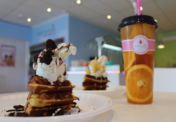 One Pancake Sharing Tower or Two Waffle Stacks for Two People - Options to incl. Iced Tea to Share