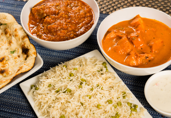 Two Curries with Shared Rice & Naan Bread for Two People - Options for Four, Six or Eight People - Valid for Dine-In & Takeaway