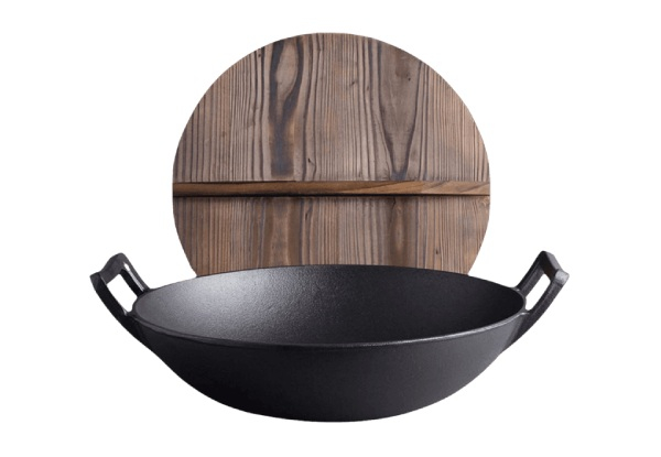 SOGA 36cm Commercial Cast Iron Wok Fry Pan with Wooden Lid