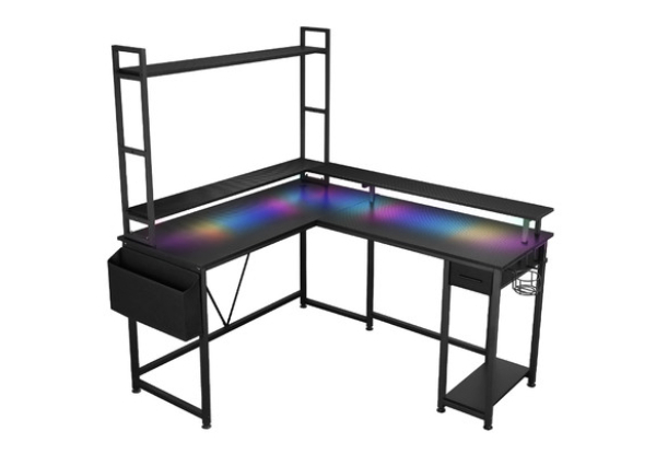 L-Shaped Gaming Desk with LED Lights & Storage