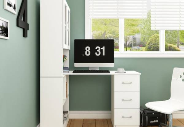 Three-in-One Computer Desk & Bookshelf with Cabinet