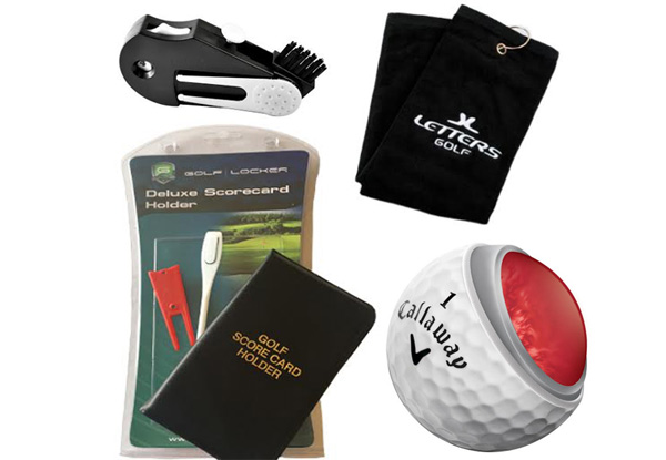 Eight-Piece Golf Accessory Box incl. Three Golf Balls, Golf Towel, 5-in-1 Golf Tool, Scorecard Holder, Gold Pencil & Divot Tool