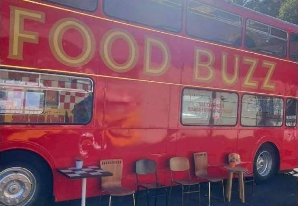 Two Barbecue Bacon Double Decker Burgers with Fries - Dine in a Double-Decker London Bus with The Kiwi Grub Food Truck