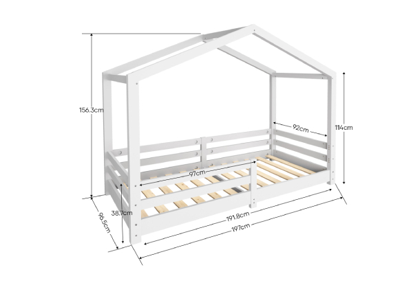 Kids House-Shaped Single Bed Frame with Guard Rail