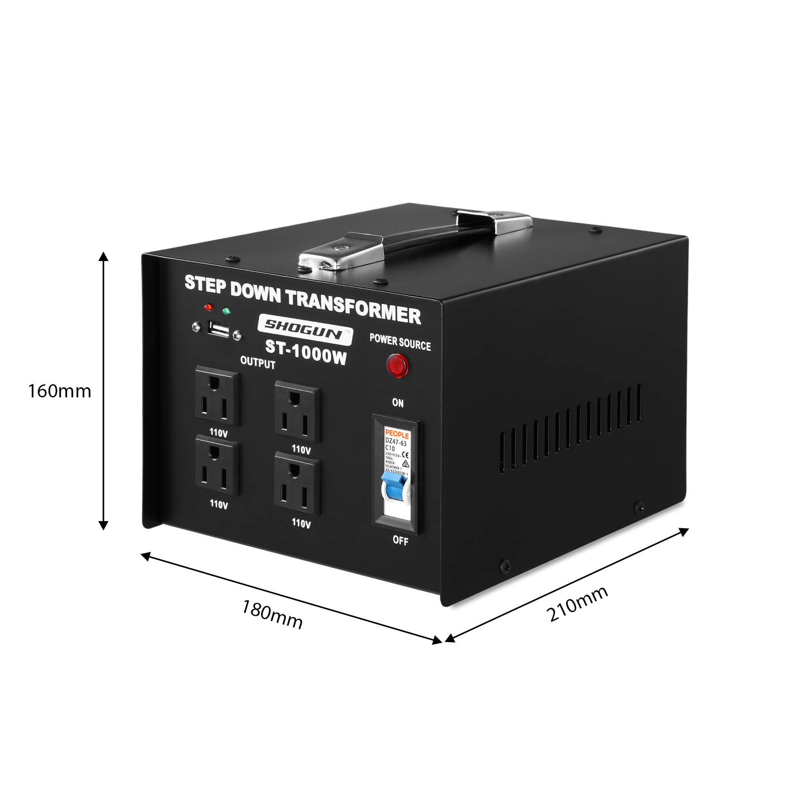 Step Down 1000W 240V-110V Transformer AU to US with Four AC Output Sockets & 5V USB Port