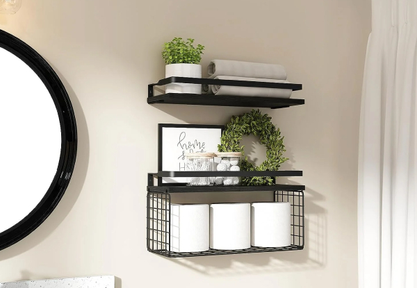 Wall-Mounted Floating Bathroom Shelves with Wire Basket