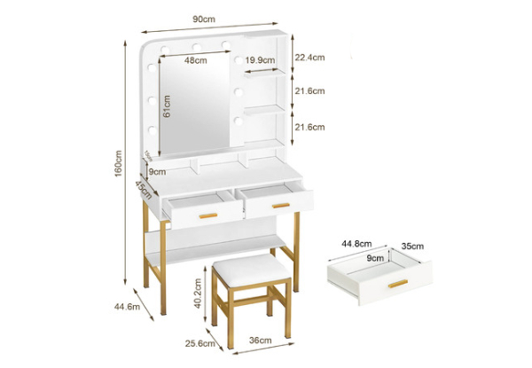 Maxkon Dressing Table Set incl. Nine-Bulb Vanity Mirror & Cushioned Stool