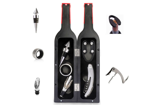 Five Piece Wine Bottle Opener Gift Set with Bottle Shaped Carry Case - Option for Two-Pack