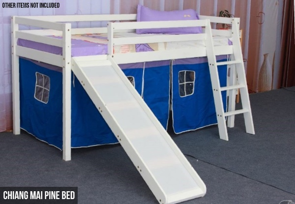 Children's Pine Cabin Bed with Slide & Tent - Option for Chiang Mai Blue or Siem Reap Pink Set