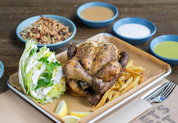 One Whole Rotisserie Chicken Served with Hand Cut Fries & Slaw with Choice of Two Seasonal Sides for Two to Four People - Option to incl. One Jug of Local Tap Beer or Carafe of Wine